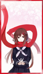 Rule 34 | 1girl, black eyes, black sailor collar, black serafuku, black skirt, border, brown hair, closed mouth, commentary request, cupping hands, enpera, floating scarf, floral background, fringe trim, gradient scarf, hair ornament, hairclip, highres, holding, kagerou project, long hair, long scarf, long sleeves, looking to the side, mekakucity actors, neckerchief, origami, oriharakrr, own hands together, paper crane, partial commentary, pink background, pink scarf, pleated skirt, red border, sailor collar, scarf, school uniform, serafuku, skirt, sleeve cuffs, smile, solo, tateyama ayano, upper body, white background, white neckerchief