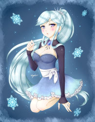 Rule 34 | 1girl, absurdres, blue dress, blue hair, breasts, cleavage, cosplay, crossover, disney, dress, frilled dress, frills, highres, long hair, long sleeves, moon butterfly, rwby, star vs the forces of evil, weiss schnee (cosplay), aged down