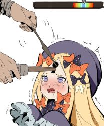 Rule 34 | 1girl, abigail williams (fate), blonde hair, crying, drooling, fate/grand order, fate (series), gameplay mechanics, hat, heart, heart-shaped pupils, highres, keyhole, lockpick, ribbon, sleeves past wrists, symbol-shaped pupils, the elder scrolls, the elder scrolls v: skyrim, trembling, uncommon stimulation, waterkuma, wavy mouth