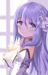 Rule 34 | 1girl, backlighting, bag, blue eyes, blurry, blurry background, blush, breasts, buta (dhakaoat), cleavage, closed mouth, downblouse, dress, hair between eyes, hairband, highres, lens flare, long hair, looking at viewer, medium breasts, princess connect!, shizuru (princess connect!), silver hair, smile, solo, split mouth, upper body, white dress, white hairband