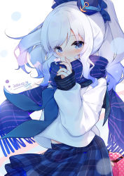 Rule 34 | 1girl, absurdres, anchor, arm behind back, black sailor collar, blue eyes, blue hair, blue hat, blue neckerchief, blue scarf, blue skirt, blush, box, closed mouth, commentary, dated, english commentary, eta, fringe trim, gift, gift box, gradient hair, grey hair, hand up, hat, heart, highres, holding, holding gift, jewelry, long hair, long sleeves, looking at viewer, mini hat, multicolored hair, neckerchief, ornate ring, plaid, plaid skirt, pleated skirt, puffy long sleeves, puffy sleeves, ring, sailor collar, scarf, school uniform, serafuku, shirt, sigsbee (warship girls r), skirt, sleeves past wrists, smile, solo, tilted headwear, unmoving pattern, valentine, warship girls r, wedding ring, white background, white shirt