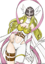 Rule 34 | 1girl, angewomon, armor, asymmetrical clothes, bare shoulders, belt, blonde hair, breastplate, breasts, cleavage, clothing cutout, collar, covered eyes, digimon, digimon (creature), digimon adventure, elbow gloves, female focus, gloves, hand on own hip, head wings, helmet, hip focus, large breasts, long hair, melodyzombie, narrow waist, navel, navel cutout, ribbon, single elbow glove, single glove, solo, thigh strap, visor, wings
