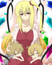 Rule 34 | 1boy, 2girls, aged down, aged up, blonde hair, blush, blush stickers, breasts, brown hair, casual, chemise, child, cleavage, closed eyes, contemporary, crystal, dress, flan-maman (goma), flandre scarlet, goma (gomasamune), hair ornament, hair scrunchie, hairclip, hand on another&#039;s back, hand on another&#039;s head, highres, hood, hoodie, lace, large breasts, light brown hair, long hair, mikoto freesia scarlet (goma), multiple girls, original, red eyes, ribbed sweater, sailor collar, scrunchie, shadow, short hair, short sleeves, shorts, side ponytail, sidelocks, sketch, sleeping, sleeping on person, sleeveless, sleeveless dress, smile, sweater, touhou, wings