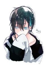 Rule 34 | 1boy, bad id, bad pixiv id, black hair, blue eyes, blue hair, closed mouth, collarbone, cropped torso, hair between eyes, hand up, jacket, long sleeves, looking away, looking to the side, male focus, mayuzumi kai, multicolored hair, nijisanji, signature, simple background, sleeves past fingers, sleeves past wrists, sofra, solo, streaked hair, upper body, virtual youtuber, white background, white jacket