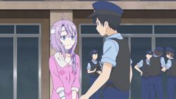 Rule 34 | 10s, 1boy, 1girl, animated, animated gif, bandages, bandaged head, bandaged neck, bandages, black hair, blue eyes, braid, cuffs, empty eyes, handcuffed, handcuffs, happy sugar life, open mouth, pajamas, police, police uniform, purple hair, satou&#039;s aunt, smile, uniform