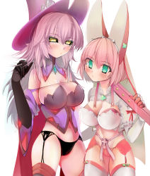Rule 34 | 2girls, animal ears, arc system works, bare shoulders, black panties, black sclera, blazblue, blazblue: central fiction, blush, breasts, bridal veil, cape, cleavage, clover, colored sclera, company connection, crossover, detached sleeves, elbow gloves, elphelt valentine, four-leaf clover, garter belt, garter straps, gloves, green eyes, guilty gear, guilty gear xrd, hat, height difference, konoe a. mercury, large breasts, long hair, looking at viewer, multiple girls, panties, phantom (blazblue), pink hair, pink panties, rabbit ears, ribbon, shiny skin, short hair, thighhighs, underwear, veil, very long hair, witch, witch hat, yellow eyes