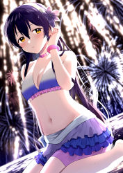 Rule 34 | 1girl, adjusting hair, bare shoulders, bikini, blue hair, bracelet, breasts, choker, cleavage, fireworks, flower, frilled bikini, frills, gradient bikini, hair behind ear, hair between eyes, hair flower, hair ornament, headband, highres, in water, jewelry, kazepana, kneeling, long hair, looking at viewer, love live!, medium breasts, multicolored bikini, multicolored clothes, navel, night, parted lips, purple flower, shallow water, solo, sonoda umi, stomach, swimsuit, water, yellow eyes