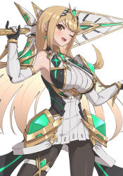 Rule 34 | 1girl, absurdres, bare legs, bare shoulders, black pantyhose, blonde hair, breasts, chest jewel, dress, earrings, elbow gloves, gloves, gonzarez, highres, jewelry, large breasts, long hair, mythra (massive melee) (xenoblade), mythra (xenoblade), pantyhose, short dress, solo, swept bangs, thigh strap, tiara, very long hair, white dress, white footwear, white gloves, xenoblade chronicles (series), xenoblade chronicles 2, yellow eyes