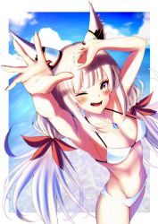 Rule 34 | 1girl, ;d, absurdres, animal ears, arm up, bikini, breasts, breasts apart, chest jewel, cloud, ear covers, facial mark, hakusai (hksicabb), highres, long hair, low twintails, medium breasts, nia (blade) (xenoblade), nia (xenoblade), ocean, one eye closed, open mouth, side-tie bikini bottom, silver hair, smile, spoilers, swimsuit, twintails, very long hair, water, white bikini, xenoblade chronicles (series), xenoblade chronicles 2
