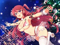 Rule 34 | 1girl, ashiya (senran kagura), bare tree, bauble, bikini, blush, breasts, building, choker, christmas, christmas lights, christmas ornaments, cleavage, flower, fur trim, hair ornament, high heels, highres, large breasts, long hair, looking at viewer, merry christmas, navel, official art, open mouth, pom pom (clothes), purple eyes, red choker, red flower, red hair, senran kagura, senran kagura new link, senran kagura new wave, side ponytail, sky, smile, snowflake hair ornament, snowflake print, snowing, solo, star (sky), starry sky, swimsuit, thighhighs, tree, underboob, white bikini, white thighhighs