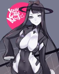 Rule 34 | 1girl, ban! (bansankan), black bow, black eyes, black hair, bow, breasts, character request, cleavage, cleavage cutout, clothing cutout, collarbone, colored skin, from above, grey background, hair bow, hand on own hip, highres, hime cut, large breasts, long hair, looking at viewer, looking up, smile, solo, white skin, wide sleeves