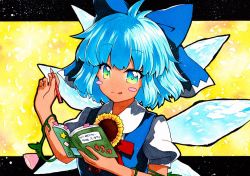 Rule 34 | 1girl, :3, :q, bad id, bad twitter id, blouse, blue bow, blue dress, blue eyes, blue hair, blush, book, bookmark, bow, cirno, collared shirt, commentary request, dress, dress shirt, flower, gradient eyes, hair bow, hands up, holding, holding book, holding pencil, ice, ice wings, letterboxed, morning glory, multicolored eyes, neck ribbon, open book, outside border, painting (medium), pencil, pinafore dress, pink flower, plant, puffy short sleeves, puffy sleeves, qqqrinkappp, raised eyebrows, red ribbon, ribbon, shirt, short hair, short sleeves, sleeveless dress, solo, square, star (symbol), sunflower, tan, tanned cirno, tongue, tongue out, touhou, traditional media, upper body, vines, watercolor (medium), white shirt, wing collar, wings, yellow eyes, yellow flower