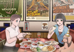 Rule 34 | 2girls, alcohol, bad id, bad pixiv id, black hair, blue eyes, brown hair, cup, dog, drinking glass, eating, food, green eyes, hat, jewelry, movie poster, multiple girls, necklace, original, party hat, pizza, poster (object), restaurant, ring, short hair, tongue, watch, wine, wine glass, wristwatch, yuuki rika