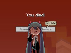 Rule 34 | 1girl, black skirt, black sleeves, blue hair, blush stickers, chibi, collared shirt, commentary, detached sleeves, english commentary, english text, grey necktie, hair between eyes, hair ornament, hand on own cheek, hand on own face, hatsune miku, long hair, long sleeves, looking at viewer, minecraft, necktie, odakuram, open mouth, shirt, skirt, smile, solo, speech bubble, standing, user interface, very long hair, vocaloid, white shirt, | |