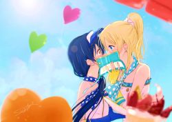 Rule 34 | 10s, 2girls, artist name, ayase eli, bare shoulders, blonde hair, blue eyes, blue hair, blush, censored kiss, covered mouth, eye contact, face-to-face, fingerless gloves, gloves, unworn headwear, implied kiss, kiss, long hair, looking at another, love live!, love live! school idol project, multiple girls, outdoors, ponytail, profile, scrunchie, signature, sonoda umi, strapless, suito, surprised, visor cap, white scrunchie, yellow eyes, yuri