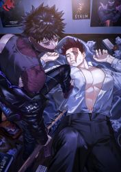 Rule 34 | 2boys, abs, alternate costume, arms up, bara, bass guitar, beard, black hair, black pants, black tank top, blue eyes, blush, boku no hero academia, bulge, dabi (boku no hero academia), endeavor (boku no hero academia), facial hair, from above, guitar, highres, holding, holding instrument, incest, instrument, koooogasya, large pectorals, leather, leather pants, looking at viewer, lying, male focus, mature male, multiple boys, muscular, muscular male, on back, on bed, open clothes, open shirt, pants, pectoral cleavage, pectoral press, pectorals, red hair, scar, scar across eye, scar on face, shirt, short hair, sideburns, spiked hair, stepped on, stepping, stubble, sweatdrop, tank top, thick thighs, thighs, white shirt, yaoi