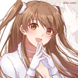 Rule 34 | 1girl, :d, artist name, breasts, brown eyes, brown hair, choker, cleavage, collarbone, commentary request, english text, eyelashes, fur trim, gloves, hair ornament, highres, lips, lixiang guo alice, long bangs, long hair, looking at viewer, ogiso setsuna, open mouth, own hands clasped, own hands together, smile, solo, twintails, upper body, white album (series), white album 2, white choker, white gloves, yellow eyes