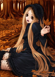 Rule 34 | 1girl, autumn, autumn leaves, black dress, black pantyhose, blonde hair, brown eyes, dress, fishnet pantyhose, fishnets, forest, frilled dress, frilled sleeves, frills, from side, goth fashion, gothic lolita, hairband, holding, holding leaf, kunishige keiichi, lace, lace-trimmed dress, lace trim, leaf, lipstick, lolita fashion, lolita hairband, long hair, long sleeves, looking at viewer, makeup, nail polish, nature, nocturne, nocturne (kunishige keiichi), on ground, original, pantyhose, red nails, sitting, solo, tree, very long hair