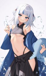Rule 34 | 1girl, ahoge, black pants, blue eyes, blue hair, blush, breasts, cowboy shot, cropped legs, fins, fish tail, gawr gura, grey hair, hair ornament, highres, hololive, hololive english, looking at viewer, medium breasts, medium hair, multicolored hair, navel, off shoulder, open clothes, pants, revision, shark girl, shark hair ornament, shark tail, simple background, smile, solo, standing, stomach, streaked hair, tail, thomas 8000, twintails, underboob, virtual youtuber, white background