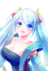 Rule 34 | 1girl, bare shoulders, blue eyes, blue hair, blush, breasts, cleavage, large breasts, league of legends, long hair, looking at viewer, matching hair/eyes, mizoreame, open mouth, smile, solo, sona (league of legends), twintails
