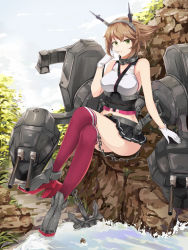 Rule 34 | 10s, 1girl, breasts, brown hair, cannon, collarbone, crossed legs, female focus, full body, gloves, green eyes, headband, headgear, highres, kantai collection, large breasts, mecha musume, midriff, miniskirt, mutsu (kancolle), outdoors, red thighhighs, rock, short hair, sitting, sitting on rock, sketch, skirt, solo, thighhighs, turret, water, white crow