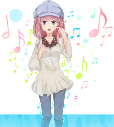 Rule 34 | 1girl, :d, bad id, bad pixiv id, casual, hat, long hair, looking at viewer, meigo arisa, musical note, open mouth, patisurotto, pink hair, purple eyes, smile, solo, toaru majutsu no index