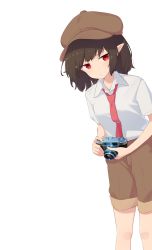 Rule 34 | 1girl, :/, black hair, blouse, brown hat, brown shorts, camera, expressionless, flat cap, hat, highres, holding, holding camera, kanpa (campagne 9), leaning to the side, looking at viewer, loose necktie, necktie, pointy ears, red eyes, red necktie, shameimaru aya, shameimaru aya (newsboy), shirt, short hair, short sleeves, shorts, simple background, solo, standing, tie clip, touhou, white background, white shirt