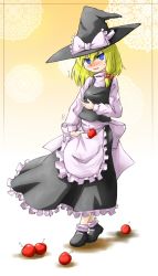 Rule 34 | 1girl, apple, blonde hair, blue eyes, blush, breast padding, commentary request, female focus, food, fruit, hat, highres, kirisame marisa, long hair, solo, taker, taker (flamestorm), touhou, witch, witch hat