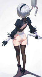 Rule 34 | 1girl, absurdres, ass, back cutout, black hairband, clothing cutout, facing away, feather-trimmed sleeves, floating, gloves, hairband, high heels, highres, holding, holding sword, holding weapon, juliet sleeves, katana, legs, leotard, long sleeves, nier (series), nier:automata, puffy sleeves, robot, simple background, solo, some1else45, standing, sword, thighhighs, weapon, white background, white hair, white leotard, 2b (nier:automata)