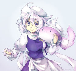 Rule 34 | 1girl, :3, apron, closed mouth, commentary, english commentary, grey background, holding, letty whiterock, light purple hair, long sleeves, looking at viewer, polearm, purple eyes, qixzy, scarf, simple background, smile, sukusuku hakutaku, touhou, trident, upper body, v-shaped eyebrows, waist apron, weapon, white apron, white headwear, white scarf