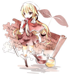 Rule 34 | 1girl, blonde hair, boots, brown dress, brown footwear, brown hair, candy, cape, commentary request, creator (ragnarok online), dress, flask, flat chest, food, full body, fur-trimmed footwear, fur trim, gloves, holding, holding candy, holding food, holding lollipop, jigsaw puzzle, lollipop, long hair, looking at viewer, pekeko (pepekekeko), potion, puzzle, ragnarok online, red cape, round-bottom flask, scroll, short dress, solo, vial, white background, white gloves