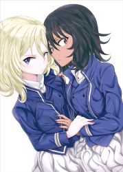 Rule 34 | 2girls, andou (girls und panzer), arm grab, bc freedom military uniform, black hair, blonde hair, blue eyes, blue jacket, blue vest, brown eyes, closed mouth, clothes grab, commentary, dark-skinned female, dark skin, dress shirt, dutch angle, frown, girls und panzer, glaring, high collar, jacket, long sleeves, looking at viewer, medium hair, messy hair, military, military uniform, multiple girls, oshida (girls und panzer), pleated skirt, shibagami, shirt, simple background, skirt, standing, uniform, vest, white background, white shirt, white skirt