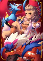 Rule 34 | 1girl, aki-, aqua eyes, breasts, brown hair, cleavage, coat, commentary request, creatures (company), earrings, framed, game freak, hair ornament, highres, holding, holding poke ball, jewelry, koraidon, long hair, looking at viewer, master ball, medium breasts, necklace, nintendo, open clothes, open coat, orange shirt, orange shorts, outstretched arm, parted lips, poke ball, pokemon, pokemon (creature), pokemon sv, roaring moon, sada (pokemon), shirt, shorts, smile
