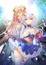 Rule 34 | 2girls, :d, absurdres, aurora (fate), bare shoulders, blonde hair, blue skirt, braid, breasts, butterfly wings, closed eyes, commentary, english commentary, fate/grand order, fate (series), flower, frilled skirt, frills, hair flower, hair ornament, hairclip, headpiece, highres, insect wings, long hair, long sleeves, may (2747513627), medium breasts, melusine (fate), melusine (second ascension) (fate), multiple girls, open mouth, parted bangs, parted lips, petals, pleated skirt, pointy ears, puffy long sleeves, puffy sleeves, shirt, skirt, smile, thighhighs, very long hair, white hair, white legwear, white shirt, wings, yellow flower