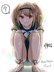 Rule 34 | 1girl, ?, blush, breasts, brown eyes, brown hair, clothes writing, covered navel, hairband, hands on own knees, highres, i-26 (kancolle), kantai collection, light brown hair, long hair, looking at viewer, medium breasts, motage illust, name tag, new school swimsuit, old school swimsuit, one-piece swimsuit, open clothes, sailor collar, sandals, school swimsuit, short sleeves, simple background, smile, solo, spoken question mark, squatting, swimsuit, swimsuit under clothes, twitter username, two-tone hairband, two side up