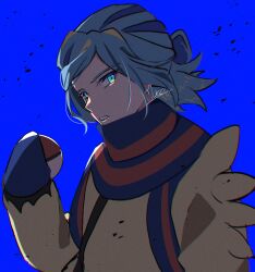 Rule 34 | 1boy, aqua eyes, blue background, blue mittens, blue scarf, clenched teeth, commentary request, creatures (company), eyelashes, game freak, grusha (pokemon), hand up, highres, holding, holding poke ball, jacket, long sleeves, looking at viewer, male focus, mittens, mocacoffee 1001, nintendo, poke ball, poke ball (basic), pokemon, pokemon sv, scarf, signature, simple background, solo, striped clothes, striped scarf, teeth, upper body, yellow jacket