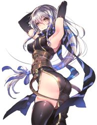 Rule 34 | 1girl, arm up, armpits, ass, belt, black gloves, breasts, clair lasbard, corset, covered erect nipples, cowboy shot, elbow gloves, gloves, hair ribbon, long hair, medium breasts, oro (sumakaita), ribbon, scarf, sideboob, silver hair, simple background, solo, star ocean, star ocean till the end of time, thighhighs, twisted torso, very long hair, white background, yellow eyes