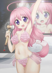 Rule 34 | 10s, 1girl, ahoge, animal ears, bikini, blush, breasts, dog days, dog ears, dog girl, dog tail, highres, koyomisa, long hair, looking at viewer, microphone, millhiore f. biscotti, navel, open mouth, pink bikini, pink hair, purple eyes, smile, solo, swimsuit, tail, zoom layer