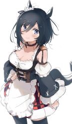 Rule 34 | 1girl, absurdres, animal ears, black thighhighs, blue eyes, breasts, brown choker, choker, cleavage, commentary, detached sleeves, dirndl, dress, ear scrunchie, eishin flash (umamusume), frills, german clothes, hair between eyes, hand on own hip, highres, horse ears, horse tail, looking at viewer, ma rukan, medium breasts, simple background, solo, symbol-only commentary, tail, thighhighs, umamusume, white background