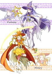 Rule 34 | 2girls, :d, absurdres, adapted costume, alternate costume, blonde hair, boots, bow, cape, character name, commentary request, cure fortune, cure honey, detached sleeves, earrings, eyelashes, hair ornament, happinesscharge precure!, happy, hat, high heel boots, high heels, highres, hikawa iona, jewelry, knee boots, large hat, long hair, looking at viewer, magical girl, mahou girls precure!, matatabi (karukan222), multiple girls, oomori yuuko, open mouth, orange cape, ponytail, precure, puffy sleeves, purple cape, purple eyes, purple hair, purple skirt, skirt, smile, staff, standing, thigh boots, thighhighs, vest, wand, witch, witch hat, yellow eyes, yellow skirt