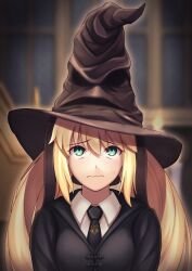 Rule 34 | 1girl, artoria caster (fate), artoria pendragon (fate), black necktie, black ribbon, blazer, blonde hair, breasts, candle, closed mouth, collar, commentary request, fate/grand order, fate (series), green eyes, hair between eyes, hair ribbon, harry potter (series), hat, highres, hisato nago, hogwarts school uniform, indoors, jacket, long sleeves, looking up, medium breasts, necktie, nervous, ornament, ribbon, school uniform, solo, sorting hat, twintails, window, witch hat, wizarding world