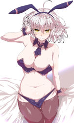Rule 34 | 1girl, animal ears, bare shoulders, blush, breasts, cleavage, fate/grand order, fate (series), frown, hand on own head, highres, jeanne d&#039;arc (fate), jeanne d&#039;arc alter (avenger) (fate), jeanne d&#039;arc alter (fate), large breasts, looking at viewer, lowleg, lowleg pantyhose, navel, pantyhose, rabbit ears, silver hair, solo, thighhighs, thighs, wakura (gcdan), wide hips, wrist cuffs, yellow eyes
