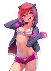 Rule 34 | 1girl, :3, :d, arm up, ataruman, bikini, bikini under clothes, breasts, cleavage, contrapposto, cowboy shot, fang, front-tie bikini top, front-tie top, gabriel dropout, highres, hood, hood up, hooded jacket, jacket, long hair, long sleeves, looking at viewer, low twintails, navel, open clothes, open fly, open jacket, open mouth, pink shorts, purple eyes, red hair, satanichia kurumizawa mcdowell, short shorts, shorts, side-tie bikini bottom, simple background, small breasts, smile, solo, standing, stomach, striped bikini, striped clothes, swimsuit, twintails, unzipped, white background
