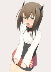 Rule 34 | 1girl, bike shorts, blush, brown eyes, brown hair, cowboy shot, dutch angle, embarrassed, fang, female focus, flat chest, grey background, have to pee, headgear, heart, japanese text, kantai collection, long sleeves, matching hair/eyes, minamimachi naname, miniskirt, nose blush, open mouth, peeing, peeing self, pleated skirt, red skirt, shirt, short hair, simple background, skirt, solo, standing, taihou (kancolle), tears, translation request, white shirt