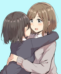 Rule 34 | 2girls, :d, absurdres, arms around neck, betock, black cardigan, black hair, blue background, blush, brown eyes, brown hair, cardigan, collared shirt, commentary request, grey cardigan, hand on another&#039;s back, highres, hug, long sleeves, multiple girls, open mouth, original, school uniform, shirt, short hair, simple background, smile, white shirt, yuri
