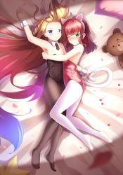 Rule 34 | 2girls, absurdly long hair, alternate costume, animal ears, annie (league of legends), arm up, armpits, bare arms, bed, bell, black legwear, blue eyes, blunt bangs, blush, braid, cat ears, cat tail, cherry, child, collar, detached collar, fake animal ears, fake tail, female focus, flat chest, food, fruit, full body, green eyes, half-closed eyes, highres, hug, kittysuit, league of legends, leotard, liu zhi chibang, long hair, lying, medium hair, multicolored hair, multiple girls, neck bell, necktie, nontraditional playboy bunny, on back, on bed, one eye closed, orange hair, pantyhose, petals, pillow, playboy bunny, purple hair, rabbit ears, red hair, smile, strapless, strapless leotard, stuffed animal, stuffed toy, tail, tail grab, teddy bear, very long hair, white legwear, wrist cuffs, x x, yuri, zoe (league of legends)