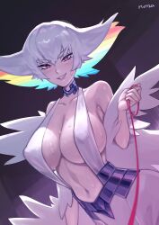 Rule 34 | 1girl, absurdres, bare shoulders, blush, breasts, colored inner hair, covered erect nipples, glowing, glowing eyes, grin, highres, holding, holding leash, kill la kill, kiryuuin ragyou, large breasts, leash, long hair, mature female, multicolored hair, navel, norza, pov, red eyes, smile, solo, sweat, viewer on leash, white hair