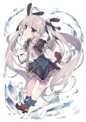 Rule 34 | 1girl, ahoge, black ribbon, black skirt, blue eyes, blush, boots, brown footwear, commentary request, frilled skirt, frills, full body, grey hair, hair between eyes, hair ornament, hair ribbon, hairclip, high heels, highres, ice, long hair, long sleeves, looking at viewer, original, parted lips, pointy ears, puffy long sleeves, puffy sleeves, ribbon, shirt, signature, simple background, skirt, sleeves past wrists, solo, stirrup footwear, toeless footwear, twintails, very long hair, wagashi928, white background, white shirt, x hair ornament