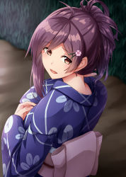 Rule 34 | 1girl, :d, ahoge, alternate hairstyle, blush, brown eyes, fingernails, flower, from side, hagikaze (kancolle), hair flower, hair ornament, hairclip, highres, japanese clothes, kamelie, kantai collection, kimono, long hair, long sleeves, obi, official alternate costume, one-hour drawing challenge, open mouth, pink flower, ponytail, print kimono, purple hair, purple kimono, sash, smile, solo, wide sleeves, yukata