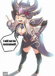 Rule 34 | 1girl, anger vein, armor, armored dress, artist name, black footwear, boots, breasts, cleavage, danfer3, english text, fingerless gloves, gloves, hand on own hip, helmet, highres, large breasts, league of legends, long hair, looking at viewer, nail polish, open mouth, pauldrons, pointing, pointing up, purple eyes, purple nails, shoulder armor, sidelocks, silver hair, solo, syndra, thigh boots, thighhighs, toeless footwear, toeless legwear, toenail polish, toenails, toes, zettai ryouiki